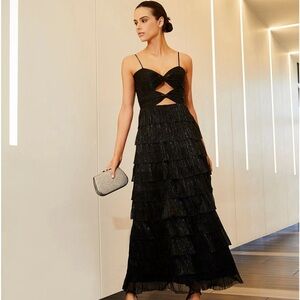 NWT Gianni Bini Grace Metallic Plisse Sweetheart Neck Cut-Out Tiered Dress